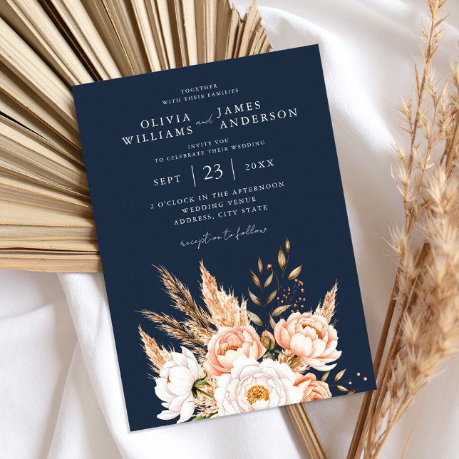 Navy Blue Boho Chic Floral Wedding Einladung (Von Creator hochgeladen)