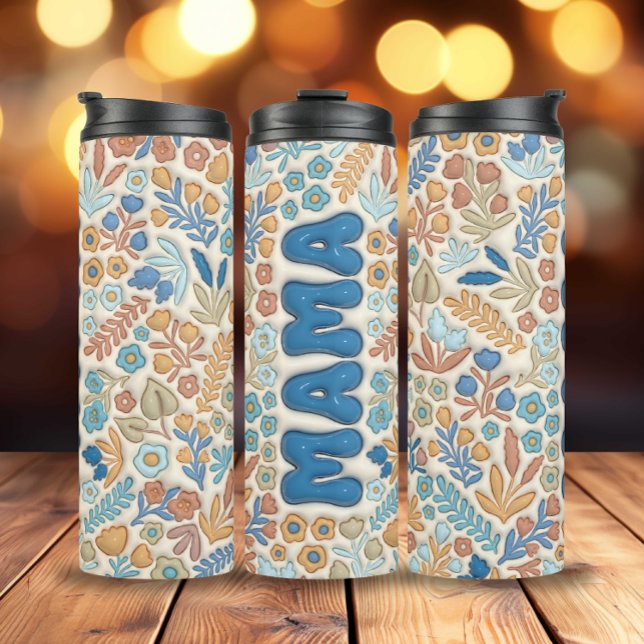 Navy Blue Boho Floral 3D-Effekt Mama Thermosbecher (3D Inflated Navy Blue Boho Flowers Mama Thermal Tumbler)
