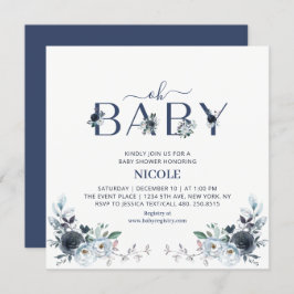 Navy Blue Boho Floral Boy Baby Showplatz Einladung