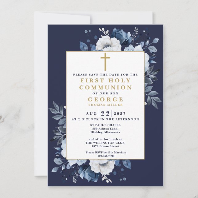 Navy Blue Boho Floral Erste Heilige Kommune Save The Date (Vorderseite)