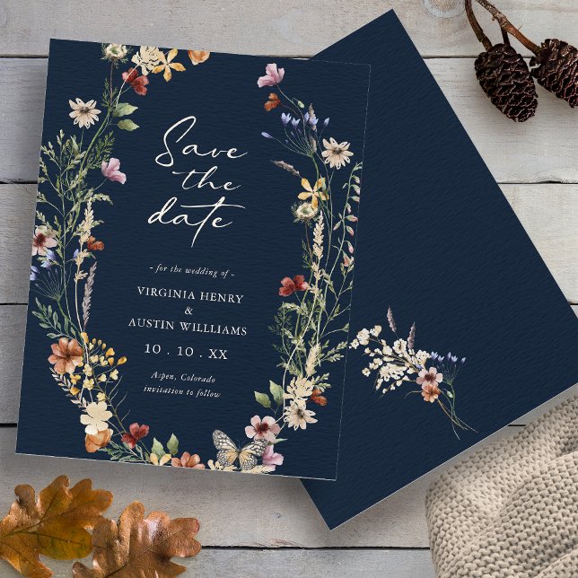 Navy Blue Boho Floral Save the Date (Navy Blue Wildflower Floral Boho Floral Save The Date with Butterfly by Painted Paperie
)