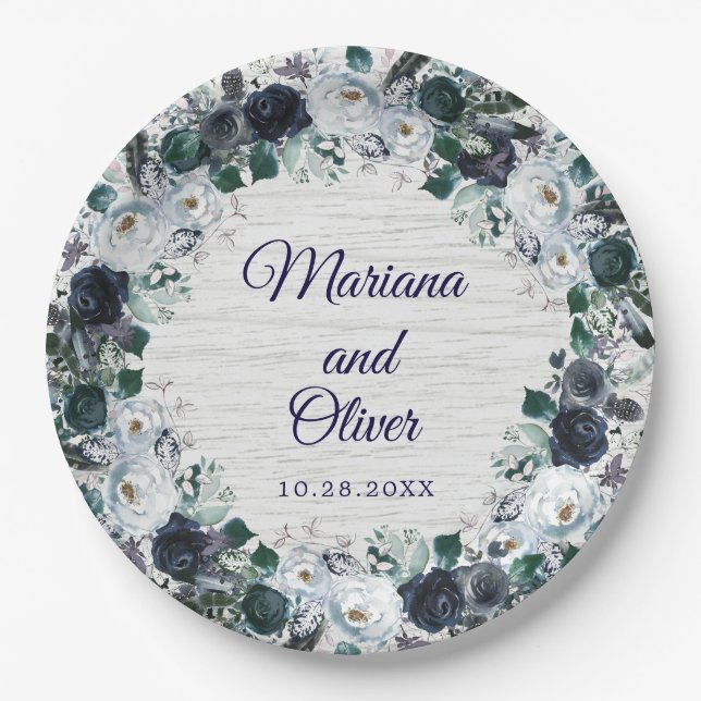 Navy Blue Boho Floral Wedding Pappteller (Vorderseite)