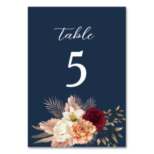 Navy Blue Boho Floral Wedding Tischnummer