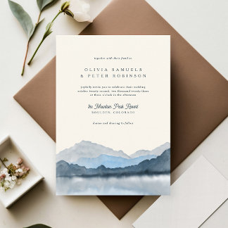 Navy Blue Boho Watercolor Mountain Foto Hochzeit Einladung