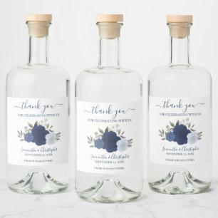 Navy Blue Boho Watercolor Rose Hochzeit Vielen Dan Alkoholflaschenetikett