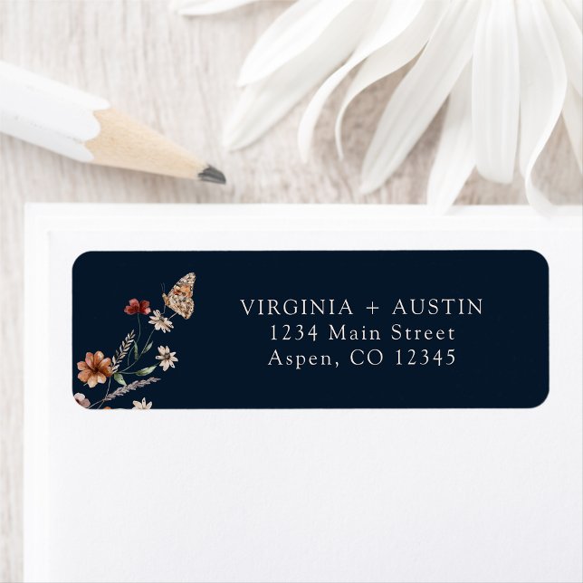 Navy Blue Boho Wedding Rücksendeadresse Label (Navy Blue Boho Floral Wedding Return Address Label with Butterfly by Painted Paperie
)