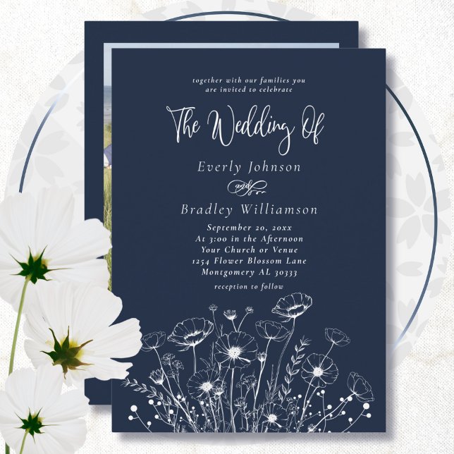 Navy Blue Boho Wildblume Minimal Blumenhochzeit Einladung (Von Creator hochgeladen)