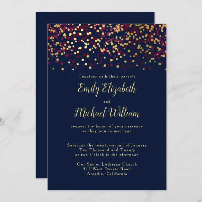 Navy Blue Bokeh Gold Hochzeit Einladung (Vorne/Hinten)