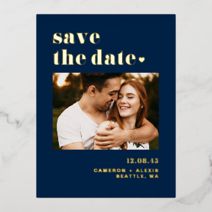 Navy Blue Bold Typografy Foto Save the Date Folie Einladungspostkarte
