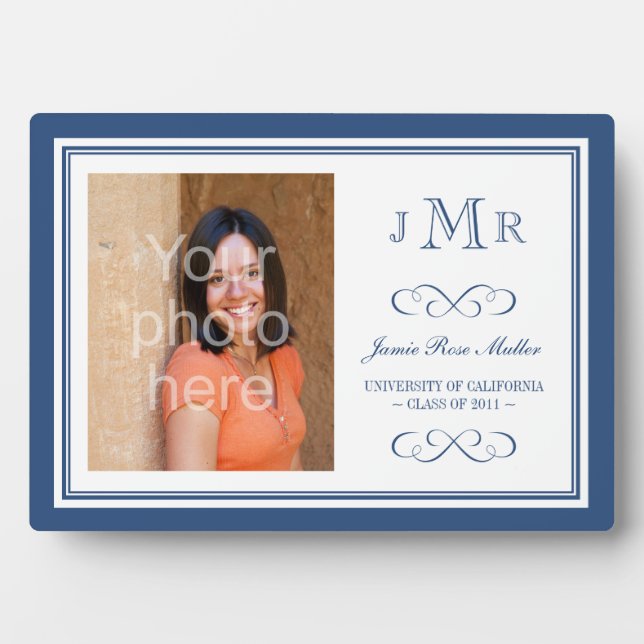 Navy Blue Border Class Monogram Abschluss Foto Fotoplatte (Vorderseite)