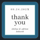 Navy Blue Border Einfache Gastgeschenk Hochzeit Quadratischer Aufkleber<br><div class="desc">Mit dieser einfachen,  textbasierten Gastgeschenk Hochzeit machen Sie eine Erklärung von schlichter Eleganz und bedanken sich bei Ihrem Aufkleber mit einem Rand von nautisch marineblau und aqua. Verwenden Sie die Anpassungsoption,  um die Farben und Schriftart zu ändern,  um Ihr Hochzeitstil Anzug zu geben.</div>