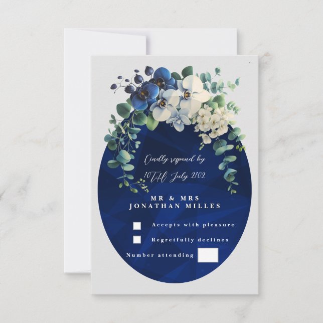 Navy Blue Botanical Floral Wedding RSVP (Vorderseite)