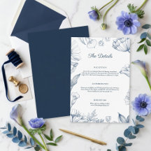 Navy Blue Botanical Sketch Floral Meadow Details  