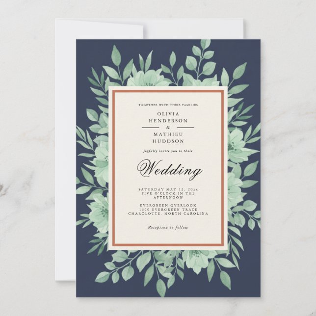 Navy Blue Botanical Spring Wedding Einladung (Vorderseite)