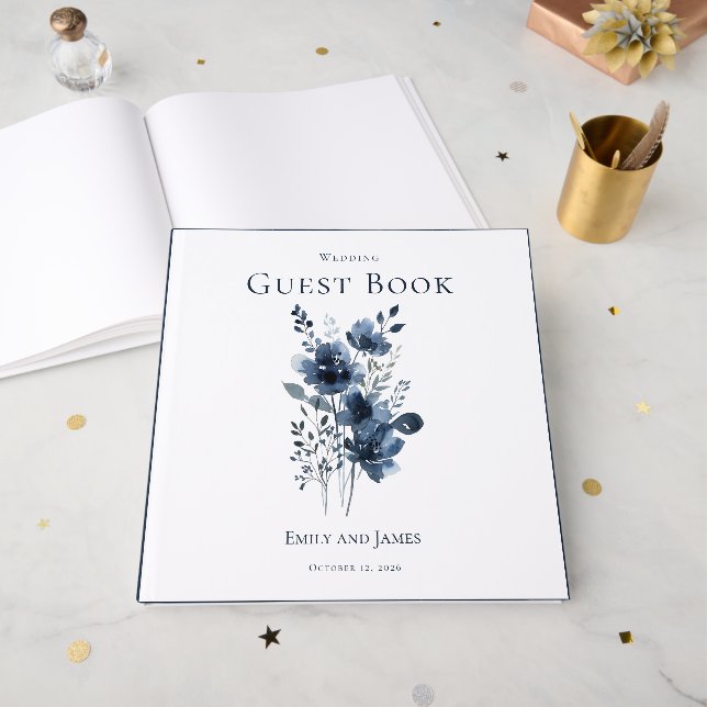 Navy Blue Botanical Wedding Gästebuch (Vorderseite offen)