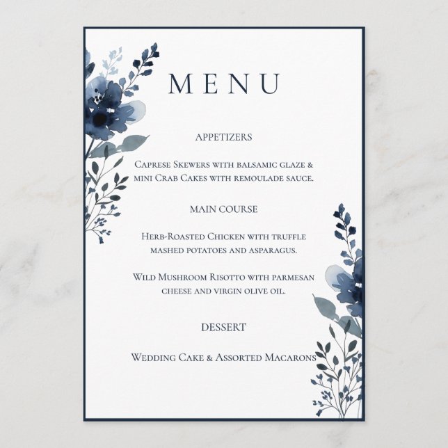 Navy Blue Botanical Wedding Menu Menükarte (Vorderseite)