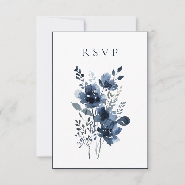 Navy Blue Botanical Wedding RSVP Karte (Vorderseite)
