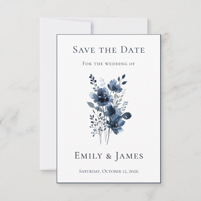 Navy Blue Botanical Wedding Save The Date (Vorderseite)