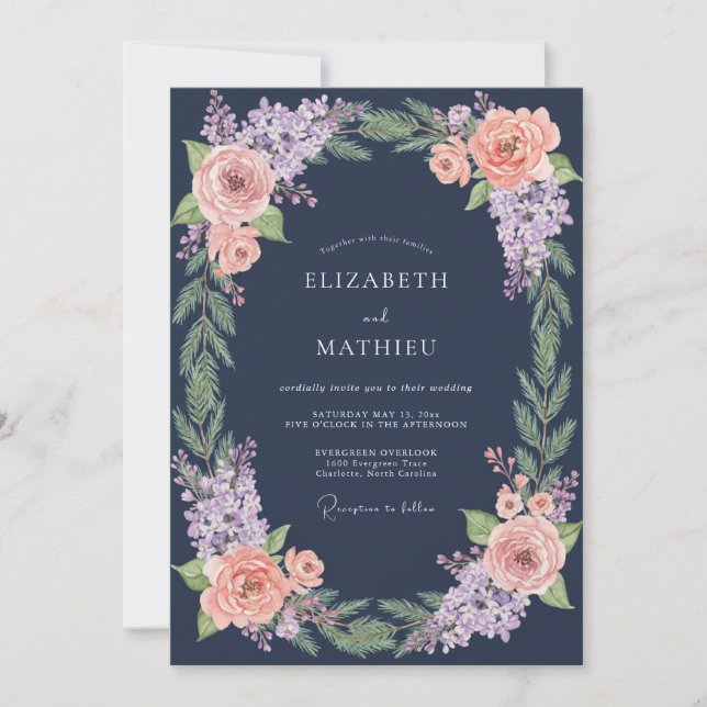 Navy Blue Botanical Winter Wedding Einladung (Vorderseite)