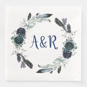 Navy Blue Bouquet Wreath Monogram Paper Napkins Serviette
