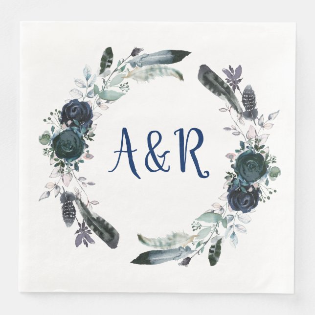 Navy Blue Bouquet Wreath Monogram Paper Napkins Serviette (Vorderseite)