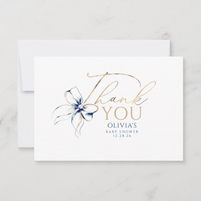 Navy Blue Bow Elegant Calligraphy Thank You Dankeskarte (Vorderseite)