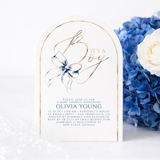 Navy Blue Bow Elegant Modern Baby Shower Boy Einladung (Navy Blue Bow Baby Shower Arch Invitation)