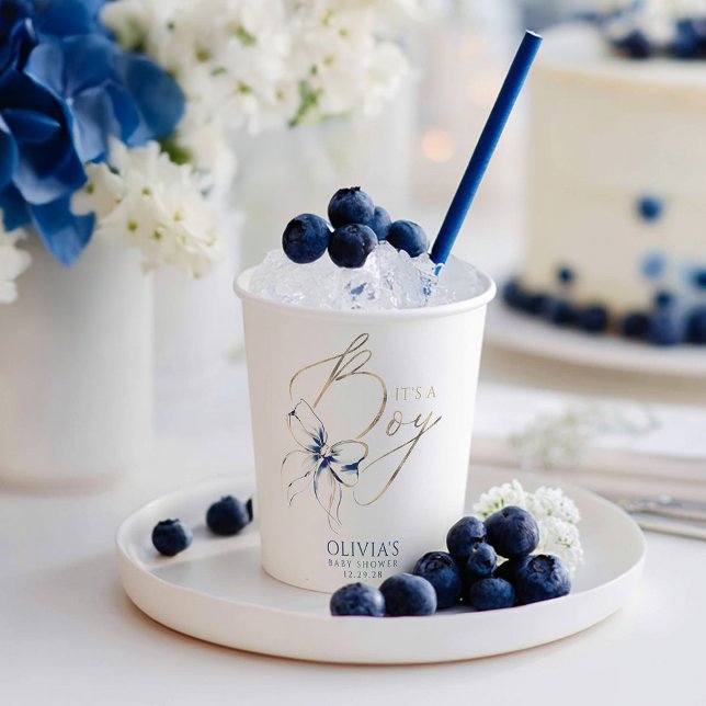 Navy Blue Bow It's A Boy Baby Shower Pappbecher (Navy Blue Bow Baby Shower Paper Cups to celebrate Boy!)