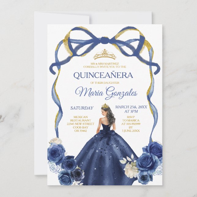 Navy Blue Bow Princess Gold Crown Quinceañera Einladung (Vorderseite)