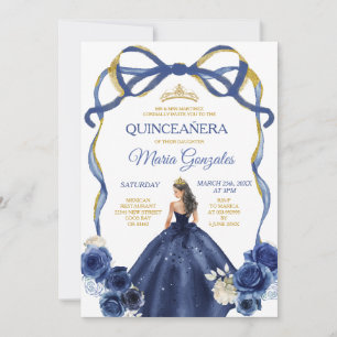 Navy Blue Bow Princess Gold Crown Quinceañera Einladung