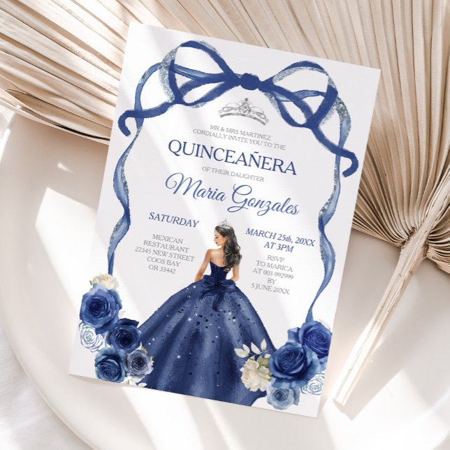 Navy Blue Bow Princess Silver Crown Quinceañera Einladung (Von Creator hochgeladen)
