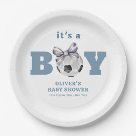 Navy Blue Bow Soccer Sport Boy Baby Shower Pappteller