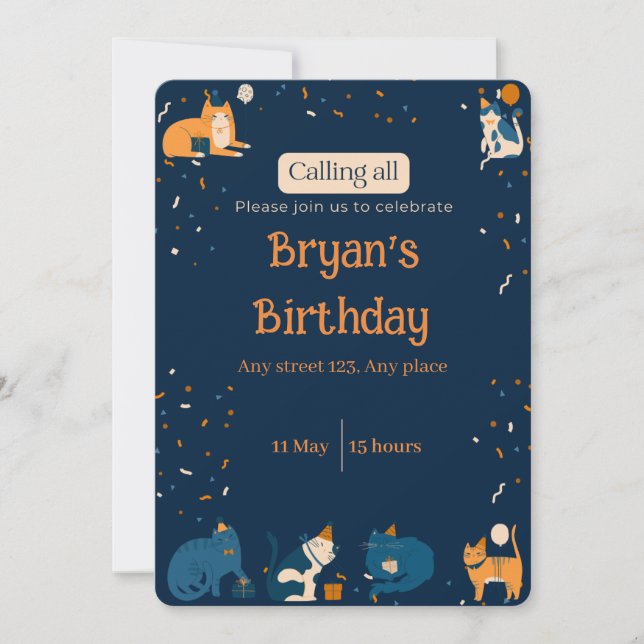 Navy Blue Boy Cat Invite Einladung (Vorderseite)