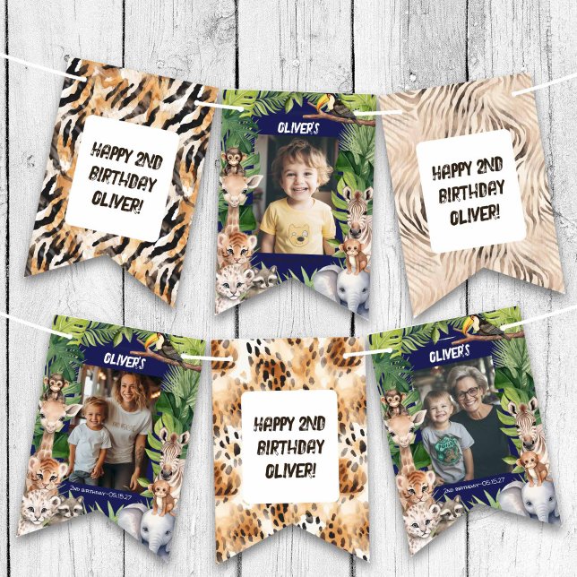 Navy Blue Boy Safari Jungle Foto Geburtstag Wimpelkette (Navy Blue Safari Animals Themed Any Age BIrthday Photo Bunting flags.)