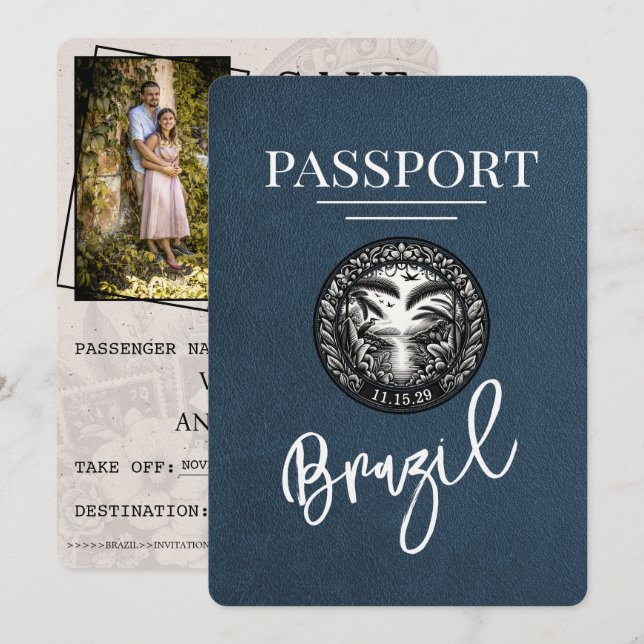 Navy Blue Brazil Passport Save the Date (Vorne/Hinten)