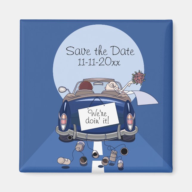 Navy Blue Bridge & Groom Getaway Car Save the Date Magnet (Vorne)