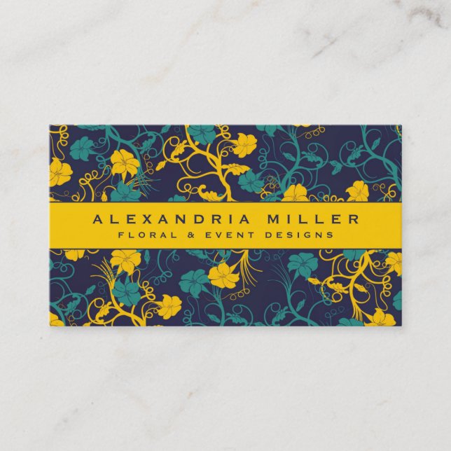 Navy Blue & Bright Yellow Floral Design Visitenkarte (Vorderseite)