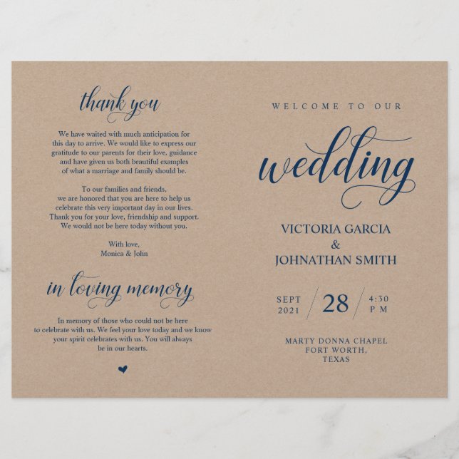 Navy Blue, Brown Kraft, Wedding Foldable Program (Vorderseite)