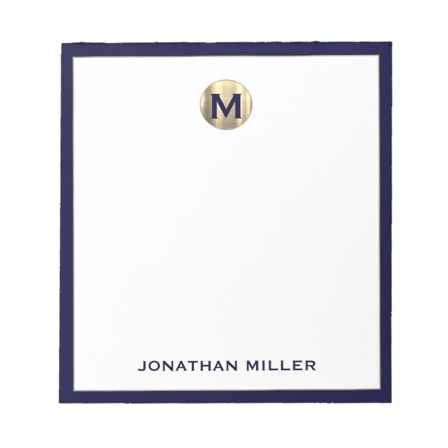Navy Blue Brushed Gold Monogram Notepad Notizblock (Vorderseite)