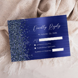 Navy Blue Brushed Metal Glitter Script Wedding RSVP Karte