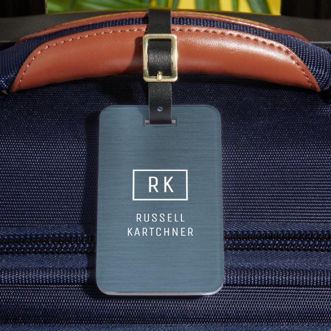 Navy Blue Brushmetal Modernes Monogramm Gepäckanhänger (Vorderseite Insitu 2)