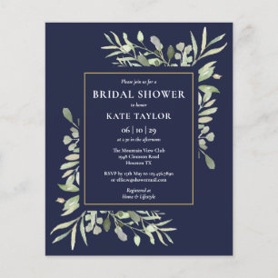 Navy Blue Budget Greenery Bridal Dusche Einladung