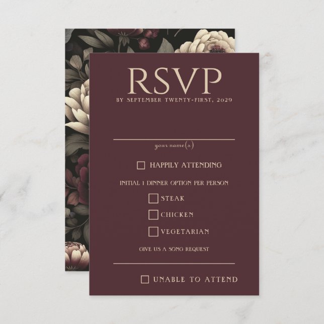 Navy Blue & Burgund Moody Floral Food Choice RSVP Karte (Vorne/Hinten)
