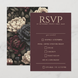 Navy Blue & Burgund Moody Floral Food Choice RSVP Karte