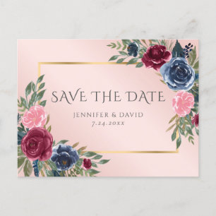 Navy Blue Burgundi Gold Blush Bloral Save the Date Ankündigungspostkarte