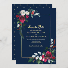 Navy Blue Burgundi Gold Floral Save the Date Einladung