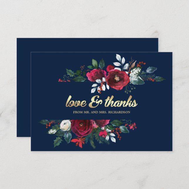 Navy Blue Burgundy Bloom Vielen Dank Hochzeitskart Einladung (Vorne/Hinten)