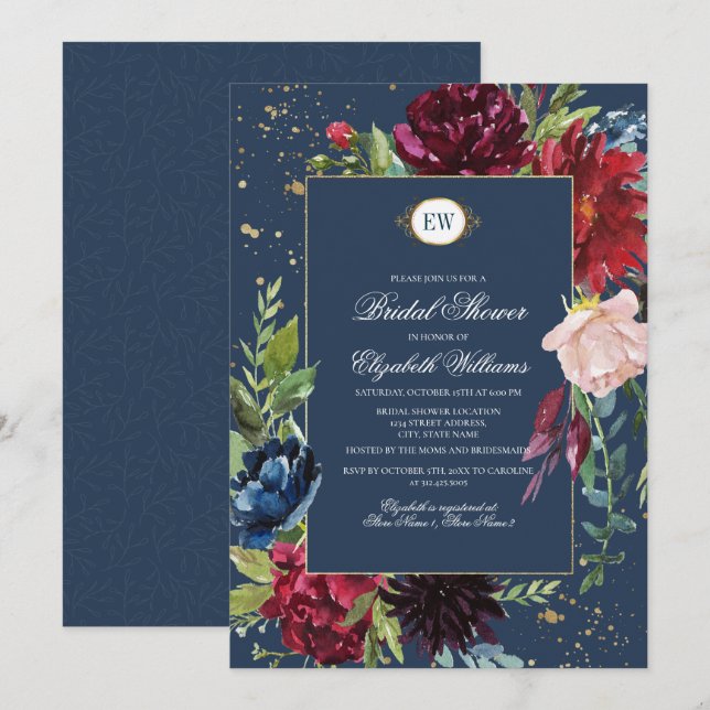 Navy Blue, Burgundy Bloom Watercolor Brautparty Einladung (Vorne/Hinten)