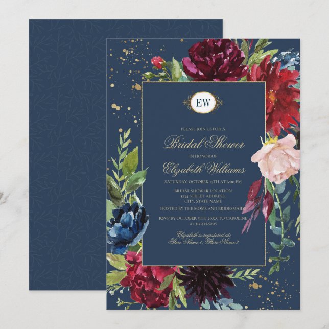 Navy Blue, Burgundy Bloom Watercolor Brautparty Einladung (Vorne/Hinten)