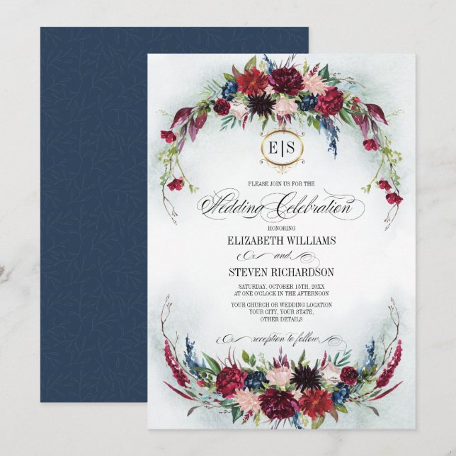 Navy Blue | Burgundy Bloom Watercolor Wedding Einladung (Vorne/Hinten)